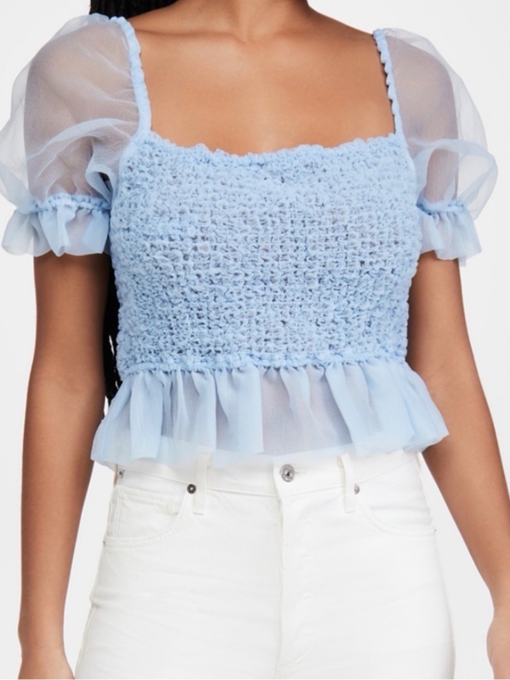 STAUD CANNON Light Blue Smocked Organza Puff-Sleeve Crop Top